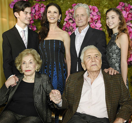 Kirk Douglas with Family on 100th Birthday celebration: Anne(wife) Michael(son), Catherine(Daughter in-law), Carys(granddaughter), Dylan(grandson)